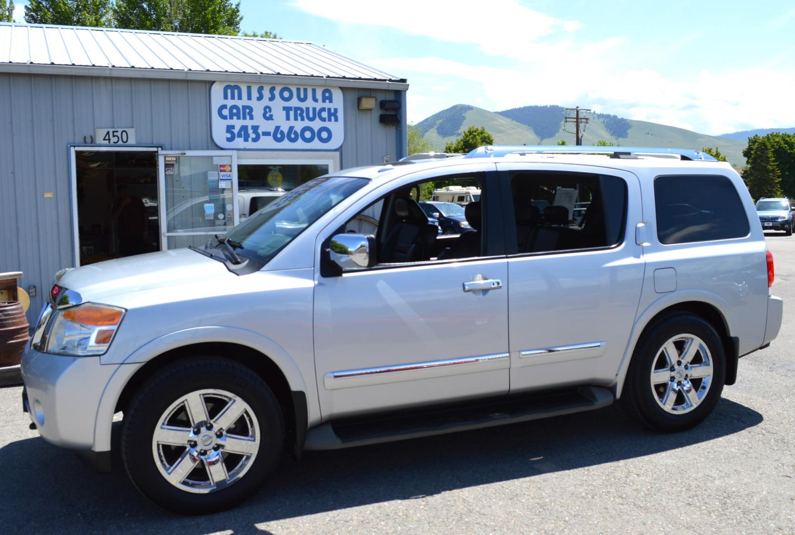 2011 Silver Nissan Armada SL 4WD (5N1AA0NC5BN) with an 5.6L V8 DOHC 32V engine, 5-Speed Automatic transmission, located at 450 N Russell, Missoula, MT, 59801, (406) 543-6600, 46.874496, -114.017433 - Really Nice SUV. 4 Wheel Drive. Power Sunroof. 3rd Row Seating. Rear Entertainment. Leather Heated Seats. Air. Cruise. Tilt. LOADED! - Photo#0