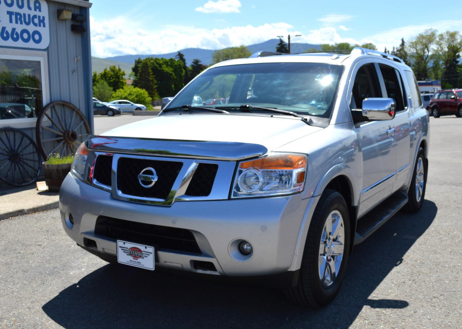 2011 Silver Nissan Armada SL 4WD (5N1AA0NC5BN) with an 5.6L V8 DOHC 32V engine, 5-Speed Automatic transmission, located at 450 N Russell, Missoula, MT, 59801, (406) 543-6600, 46.874496, -114.017433 - Really Nice SUV. 4 Wheel Drive. Power Sunroof. 3rd Row Seating. Rear Entertainment. Leather Heated Seats. Air. Cruise. Tilt. LOADED! - Photo#1