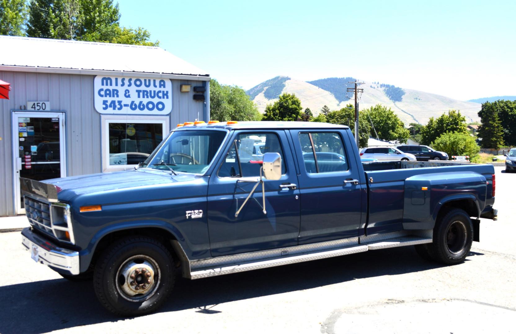 1986 Blue /Blue Ford F-350 Base (2FTJW35LXGC) with an 7.5L V8 OHV 16V engine, Automatic transmission, located at 450 N Russell, Missoula, MT, 59801, (406) 543-6600, 46.874496, -114.017433 - 1 Ton Dually Long Box CrewCab. Rear Wheel Drive. 7.5 Liter V8. Automatic Transmission. 43K Original Miles. Interior is close to Perfect. Clear Coat is pealing some. This vehicle is more then 20 years old and is not eligible for lending through our finance companies. - Photo#0