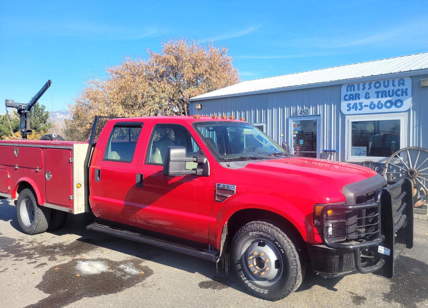 2008 Red Ford F-350 SD Lariat Crew Cab DRW 2WD (1FDWW36R48E) with an 6.4L V8 OHV 32V TURBO DIESEL engine, 5 Speed Automatic transmission, located at 450 N Russell, Missoula, MT, 59801, (406) 543-6600, 46.874496, -114.017433 - One Ton Dually. 2WD. Automatic Transmission. Air Conditioning. Utility Box with Electric Hoist. Only 137K Miles - Photo#0