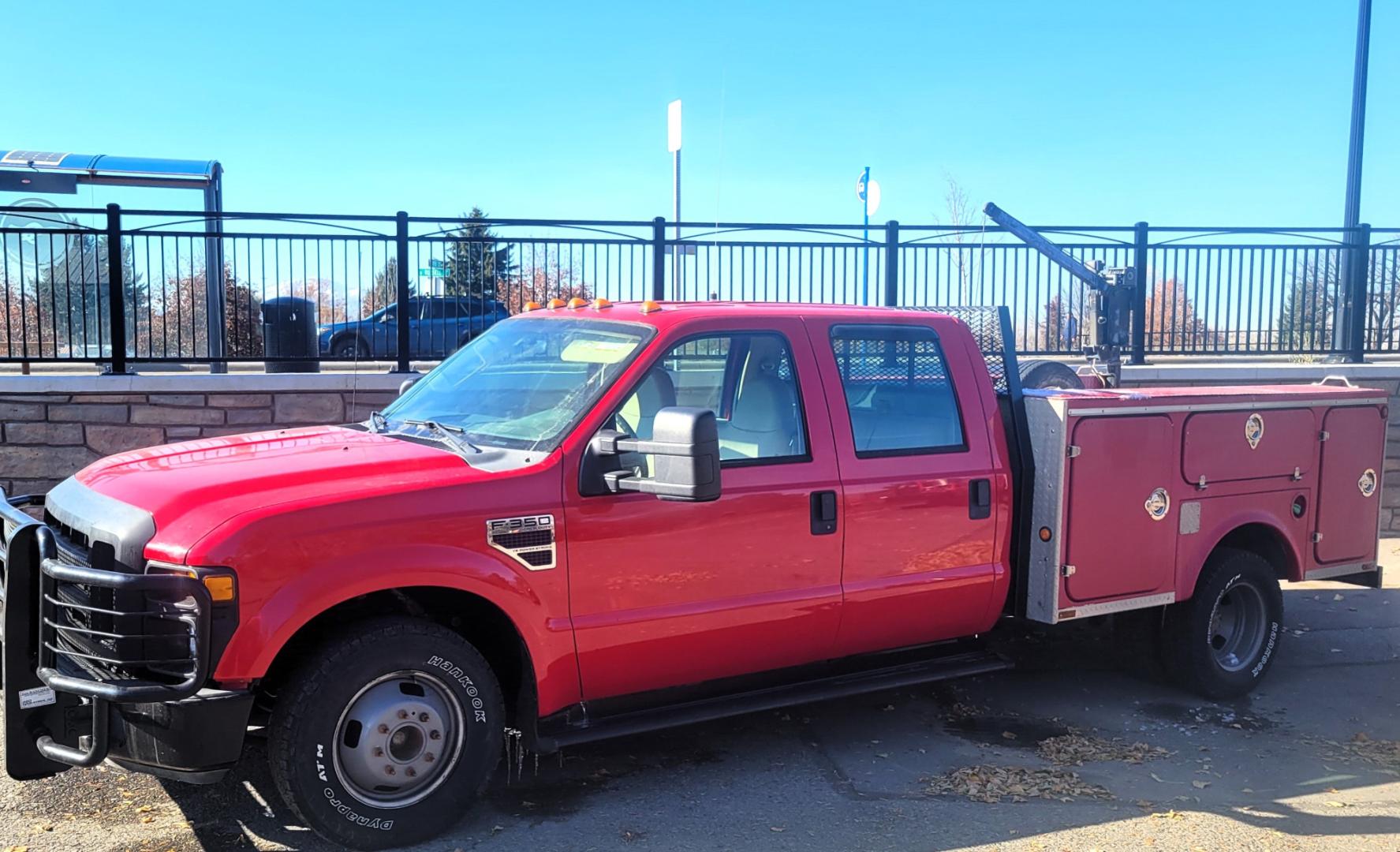 2008 Red Ford F-350 SD Lariat Crew Cab DRW 2WD (1FDWW36R48E) with an 6.4L V8 OHV 32V TURBO DIESEL engine, 5 Speed Automatic transmission, located at 450 N Russell, Missoula, MT, 59801, (406) 543-6600, 46.874496, -114.017433 - One Ton Dually. 2WD. Automatic Transmission. Air Conditioning. Utility Box with Electric Hoist. Only 137K Miles - Photo#1