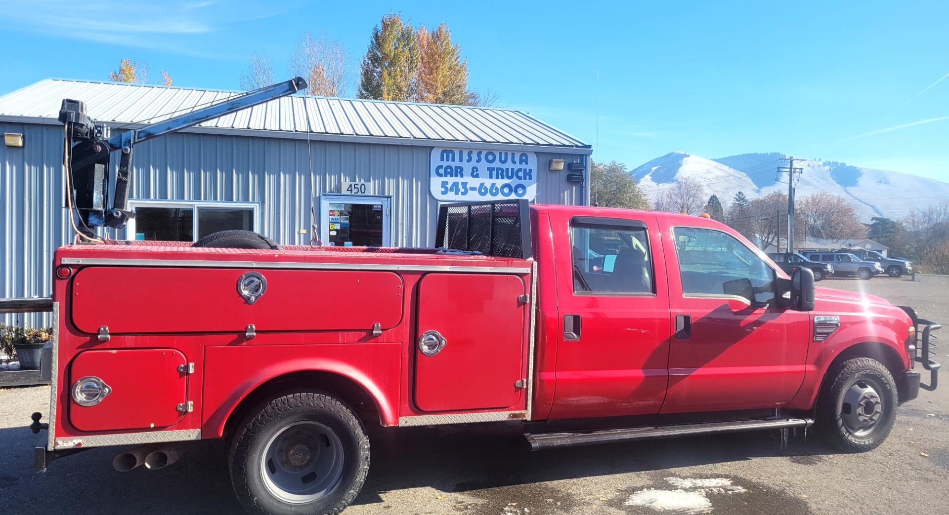 2008 Red Ford F-350 SD Lariat Crew Cab DRW 2WD (1FDWW36R48E) with an 6.4L V8 OHV 32V TURBO DIESEL engine, 5 Speed Automatic transmission, located at 450 N Russell, Missoula, MT, 59801, (406) 543-6600, 46.874496, -114.017433 - One Ton Dually. 2WD. Automatic Transmission. Air Conditioning. Utility Box with Electric Hoist. Only 137K Miles - Photo#4