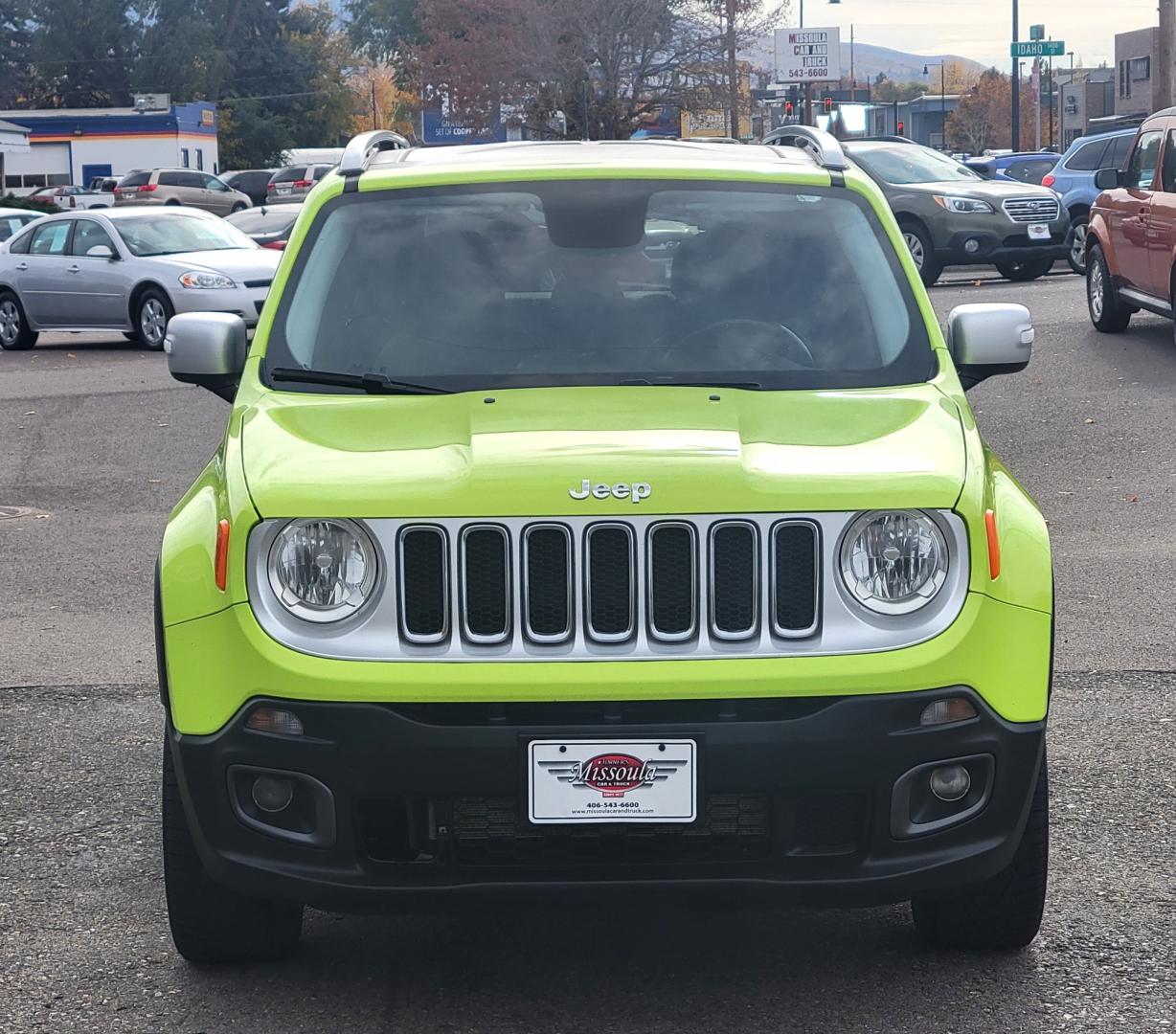 2017 Hyper Green /Black Jeep Renegade Limited 4WD (ZACCJBDB9HP) with an 2.4L L4 DOHC 16V engine, 9A transmission, located at 450 N Russell, Missoula, MT, 59801, (406) 543-6600, 46.874496, -114.017433 - 4 Wheel Drive. Automatic Transmission. Heated Leather Seats. Power Drivers Seat. Power Moon Roof. Air. Cruise. Tilt. Navigation. AM FM XM. Power Windows and Locks. Heated Steering Wheel. - Photo#2