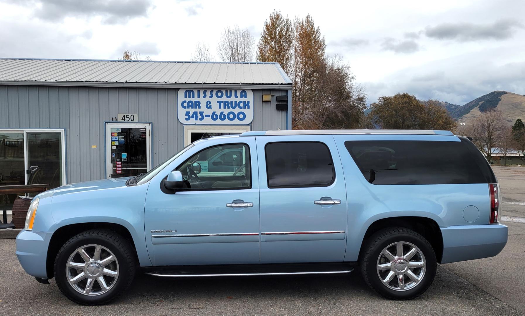 2011 Blue /Tan GMC Yukon Denali XL 4WD (1GKS2MEFXBR) with an 6.2L V8 OHV 16V engine, 4-Speed Automatic transmission, located at 450 N Russell, Missoula, MT, 59801, (406) 543-6600, 46.874496, -114.017433 - All Wheel Drive Denali. 3rd Row Seating. Rear Entertainment. Power Sunroof. Air. Cruise. Tilt. Power Leather Seats. Navigation. Towing. Running Boards. - Photo#0