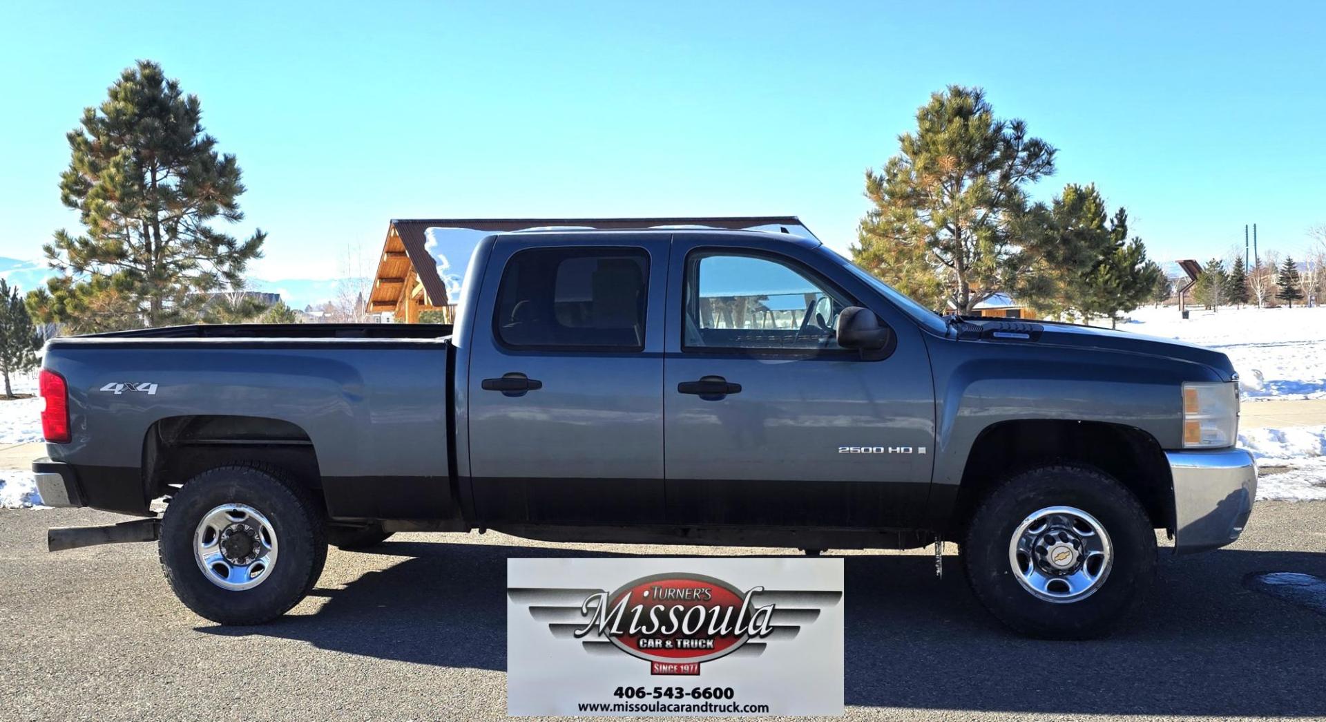 2008 Blue /Tan Chevrolet Silverado 2500HD LT (1GCHK23628F) with an 6.6L engine, 5 Speed Automatic transmission, located at 450 N Russell, Missoula, MT, 59801, (406) 543-6600, 46.874496, -114.017433 - 6.6 Duramax Diesel. Automatic Transmission. 4WD. New Tires. AM FM CD. Power drivers Seat. Air Cruise Tilt. - Photo#1