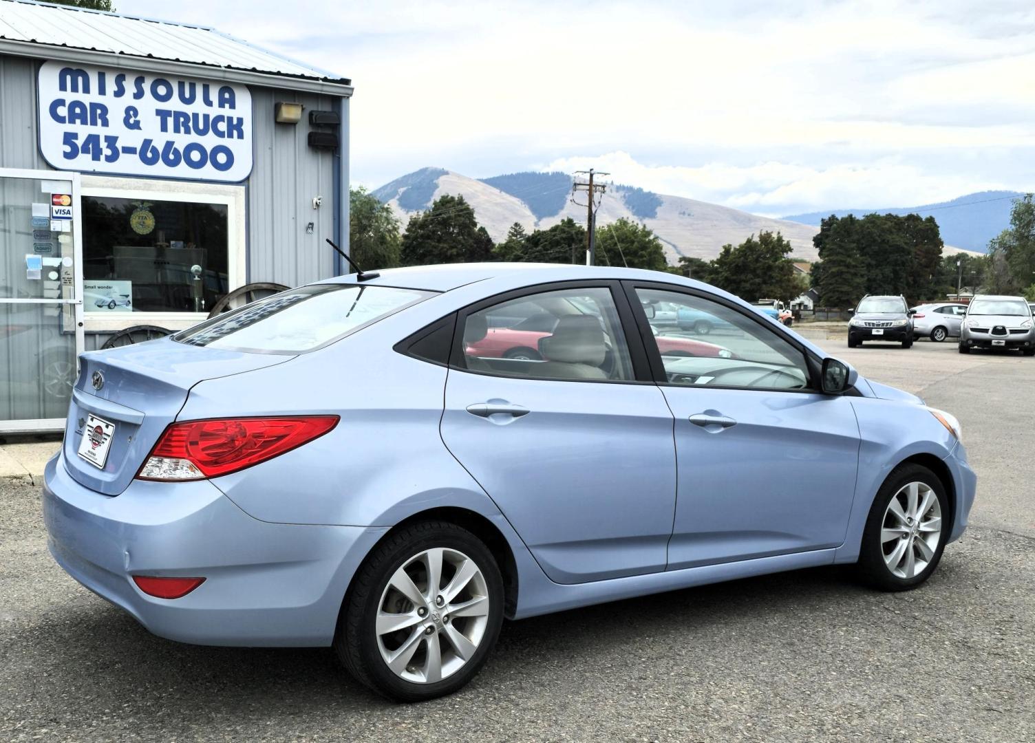 2012 Blue /Tan Hyundai Accent GLS 4-Door (KMHCU4AEXCU) with an 1.6L L4 DOHC 16V engine, Automatic transmission, located at 450 N Russell, Missoula, MT, 59801, (406) 543-6600, 46.874496, -114.017433 - Nice little Economy . 1.6L I4 Engine. Automatic Transmission. FWD. Cruise. Tilt. Power Windows and Locks. AM FM XM CD Stereo. Bluetooth. Air Conditioning does not work. - Photo#1