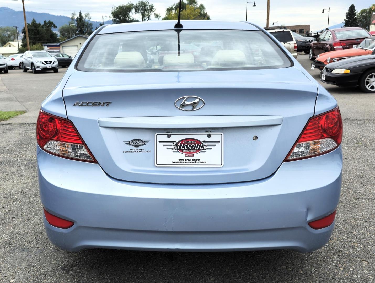 2012 Blue /Tan Hyundai Accent GLS 4-Door (KMHCU4AEXCU) with an 1.6L L4 DOHC 16V engine, Automatic transmission, located at 450 N Russell, Missoula, MT, 59801, (406) 543-6600, 46.874496, -114.017433 - Nice little Economy . 1.6L I4 Engine. Automatic Transmission. FWD. Cruise. Tilt. Power Windows and Locks. AM FM XM CD Stereo. Bluetooth. Air Conditioning does not work. - Photo#8