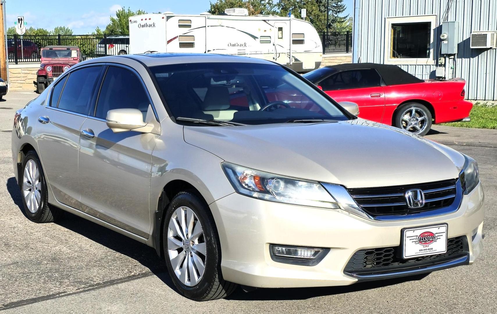 2013 Gold /Tan Honda Accord EX-L V6 Sedan AT (1HGCR3F81DA) with an 3.5L V6 SOHC 24V engine, 6-Speed Automatic transmission, located at 450 N Russell, Missoula, MT, 59801, (406) 543-6600, 46.874496, -114.017433 - Beautiful One Owner Gold Honda Accord. 3.5L V6 Engine. Automatic Transmission. Power Sunroof. Power Leather Heated Seats. AM FM XM CD Player. Bluetooth Phone and Audio. Backup Camera. Like New Continental Tires. Runs and Drives Great. Clean Carfax - Photo#2