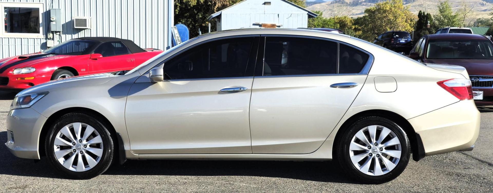 2013 Gold /Tan Honda Accord EX-L V6 Sedan AT (1HGCR3F81DA) with an 3.5L V6 SOHC 24V engine, 6-Speed Automatic transmission, located at 450 N Russell, Missoula, MT, 59801, (406) 543-6600, 46.874496, -114.017433 - Beautiful One Owner Gold Honda Accord. 3.5L V6 Engine. Automatic Transmission. Power Sunroof. Power Leather Heated Seats. AM FM XM CD Player. Bluetooth Phone and Audio. Backup Camera. Like New Continental Tires. Runs and Drives Great. Clean Carfax - Photo#3