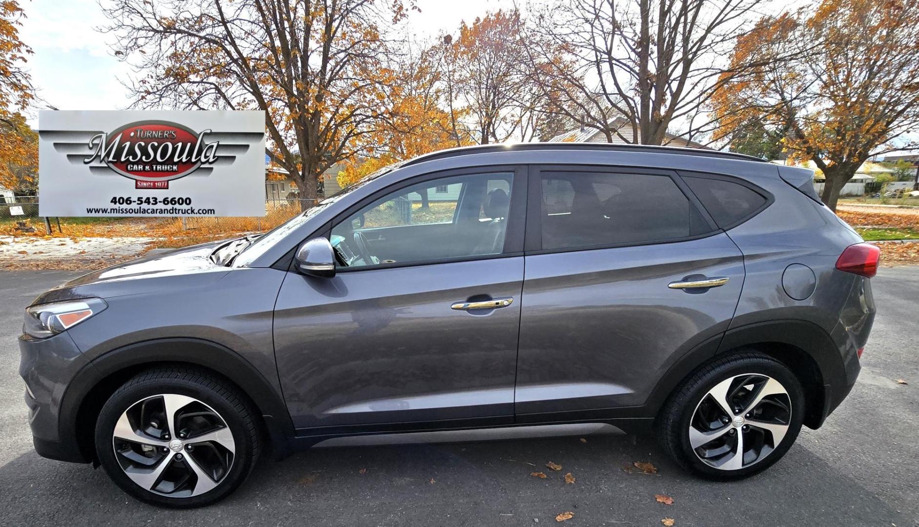 2016 Grey /Black Hyundai Tucson Eco AWD (KM8J3CA22GU) with an 1.6L L4 DOHC 16V engine, 7A transmission, located at 450 N Russell, Missoula, MT, 59801, (406) 543-6600, 46.874496, -114.017433 - Nice Low Mile (56K) AWD SUV. 1.6L I4 Engine. Huge Sunroof. Leather Interior. Power Front Seats. Heated Front and Rear Seats. Seats. Air. Cruise. Tilt. AM FM XM. Bluetooth Audio and Phone Connection. Nice Wheels and Tires. Lane Departure Warning. Automatic Emergency Braking. Parking Sensors. Power Re - Photo#0