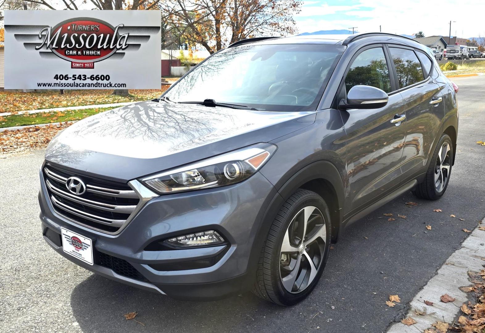 2016 Grey /Black Hyundai Tucson Eco AWD (KM8J3CA22GU) with an 1.6L L4 DOHC 16V engine, 7A transmission, located at 450 N Russell, Missoula, MT, 59801, (406) 543-6600, 46.874496, -114.017433 - Nice Low Mile (56K) AWD SUV. 1.6L I4 Engine. Huge Sunroof. Leather Interior. Power Front Seats. Heated Front and Rear Seats. Seats. Air. Cruise. Tilt. AM FM XM. Bluetooth Audio and Phone Connection. Nice Wheels and Tires. Lane Departure Warning. Automatic Emergency Braking. Parking Sensors. Power Re - Photo#3