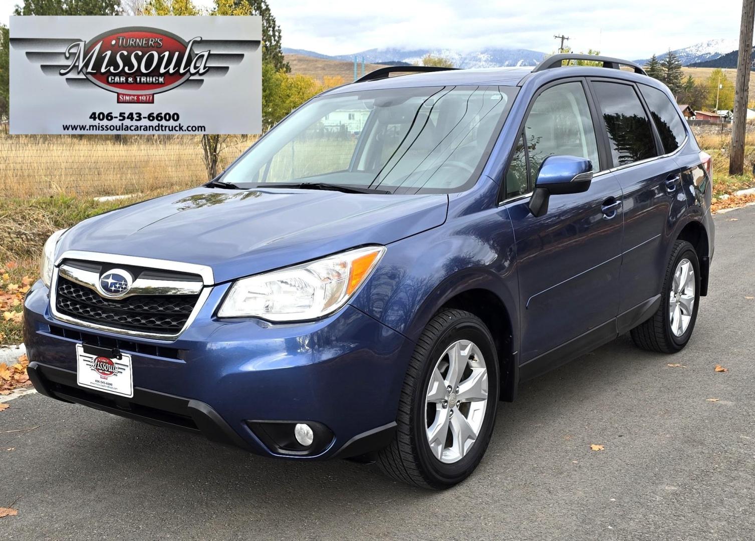 2014 Blue /White Subaru Forester 2.5i Touring (JF2SJAPC6EH) with an 2.5L H4 SOHC 16V engine, 6-Speed Automatic transmission, located at 450 N Russell, Missoula, MT, 59801, (406) 543-6600, 46.874496, -114.017433 - Super Clean One Owner AWD Forester. 2.5 H4 Engine. Automatic Transmission. Air. Cruise. Tilt. Power Sunroof. Navigation. Backup Camera. Bluetooth Audio and Phone. Heated Seats. Clean Title and Carfax. - Photo#1