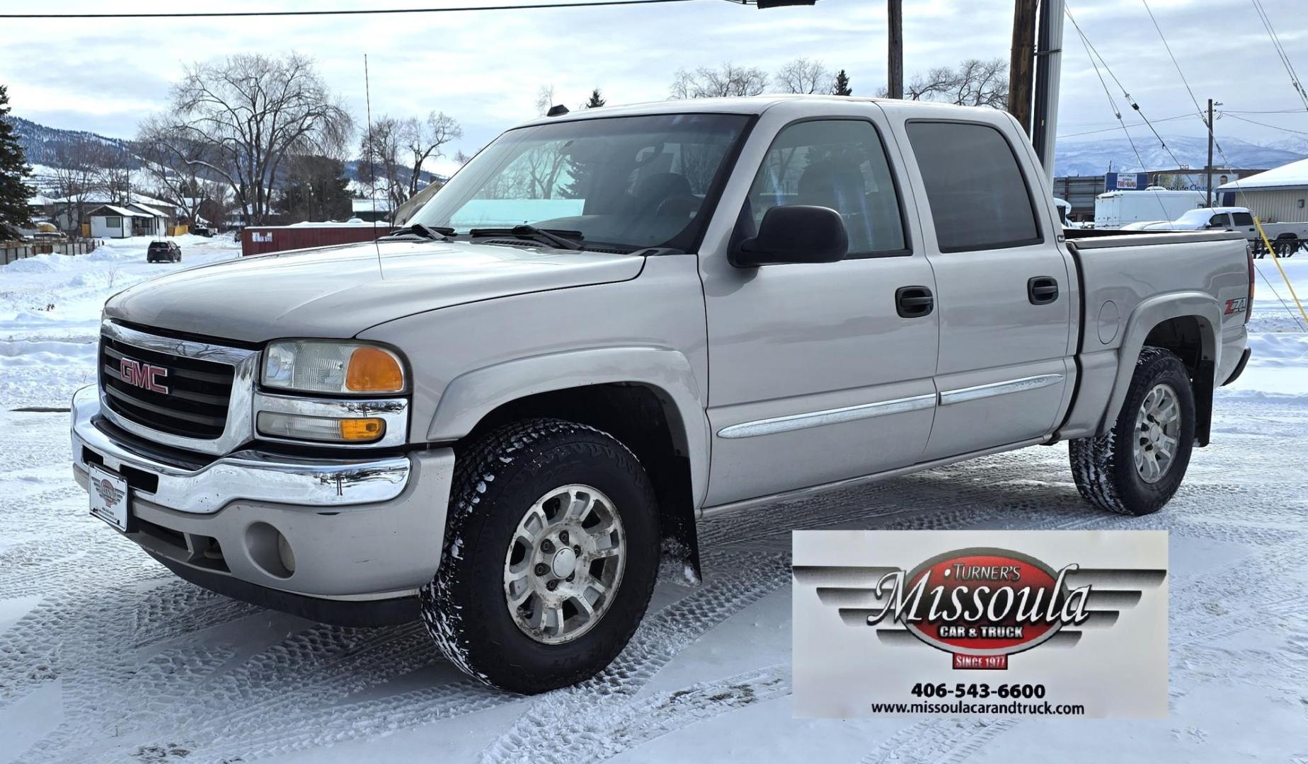 2005 Silver /Gray GMC Sierra 1500 SLE Crew Cab Short Bed 4WD (2GTEK13T151) with an 5.3L V8 OHV 16V engine, 4-Speed Automatic Overdrive transmission, located at 450 N Russell, Missoula, MT, 59801, (406) 543-6600, 46.874496, -114.017433 - Photo#0