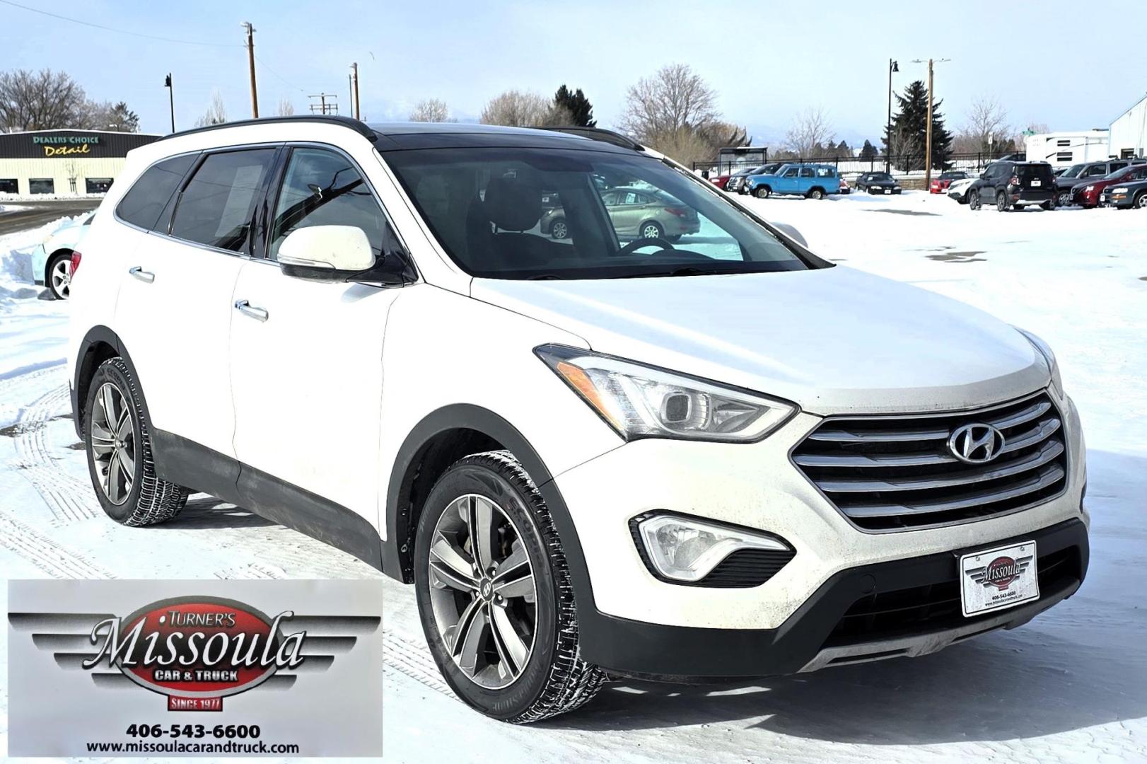 2013 White /Brown Hyundai Santa Fe Limited AWD (KM8SRDHF2DU) with an 3.3L V6 DOHC 24V engine, 6-Speed Automatic transmission, located at 450 N Russell, Missoula, MT, 59801, (406) 543-6600, 46.874496, -114.017433 - Nice One Owner AWD SUV. Clean Carfax. 3.3L V6 Engine. All Wheel Drive. Beautiful Brown Leather Interior. Heated Power Seats. Panoramic Sunroof. Heated Middle Seats. 3rd Row Seating. Infinity Sound System. AM FM XM CD Player. Navigation. Backup Camera. Heated Steering Wheel. Bluetooth Phone and Audio - Photo#1