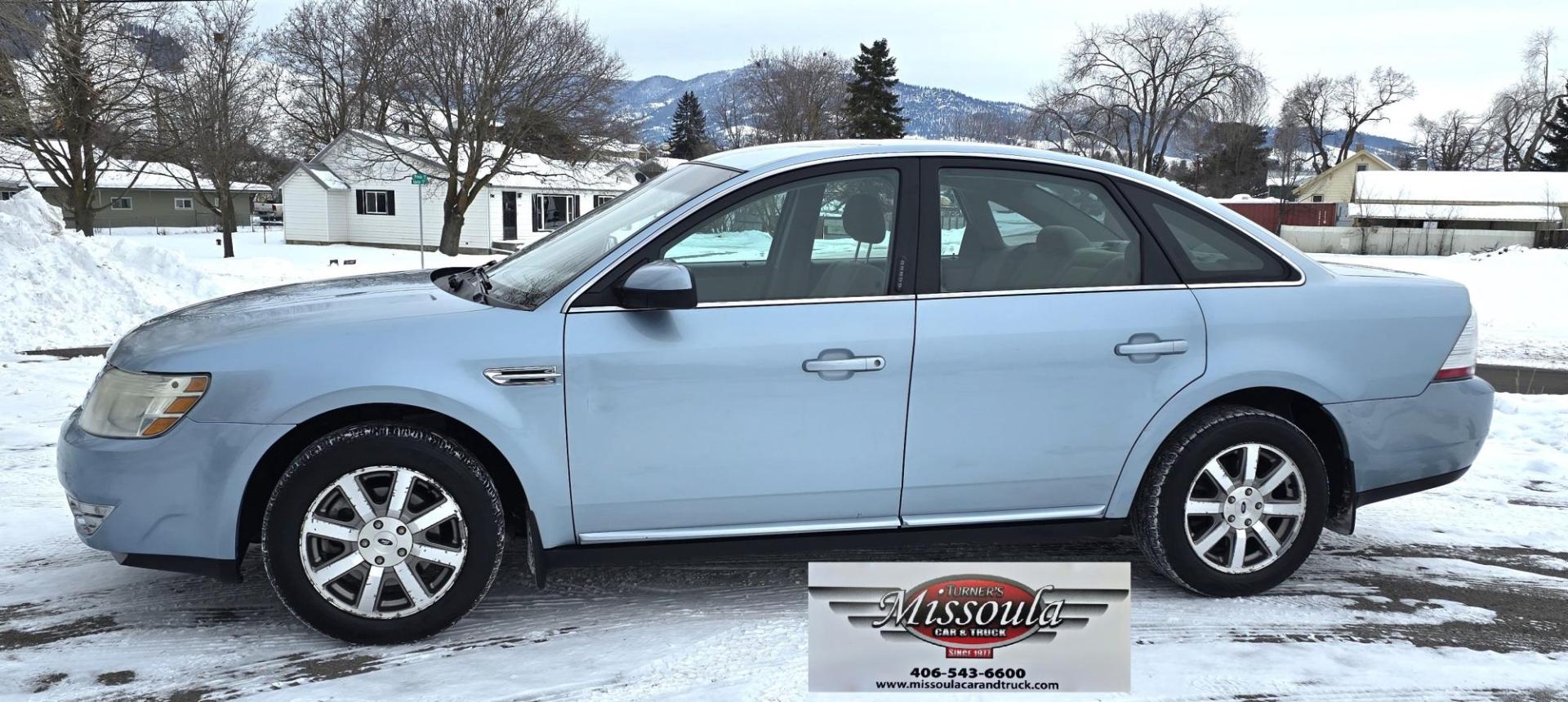 2008 Blue /Tan Ford Taurus SEL AWD (1FAHP27W98G) with an 3.5L V6 DOHC 24V engine, 6-Speed Automatic Overdrive transmission, located at 450 N Russell, Missoula, MT, 59801, (406) 543-6600, 46.874496, -114.017433 - Very Clean 2 Owner AWD Sedan. Only 78K Miles. 3.5L V6 Engine. Power Front Seats. Air. Cruise. Tilt. Power Windows and Locks. AM FM CD Player. - Photo#0